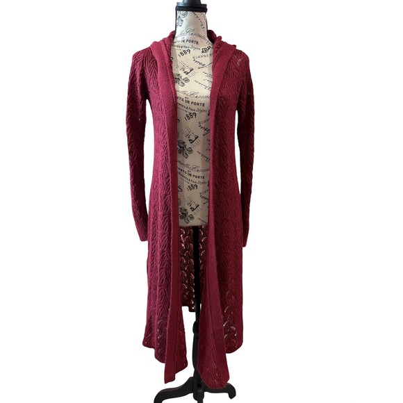Poof! Sweaters - Poof! Burgundy Pointelle Knit Hooded Duster Cardigan Womens Medium Open Front
